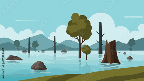 Illustrative wetland ecosystem depicting resilient and stark trees amidst calm waters and distant mountains