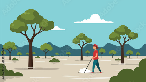 A person sweeps a dry landscape with scattered green trees and distant mountains under a clear blue sky, illustrating environmental care and outdoor