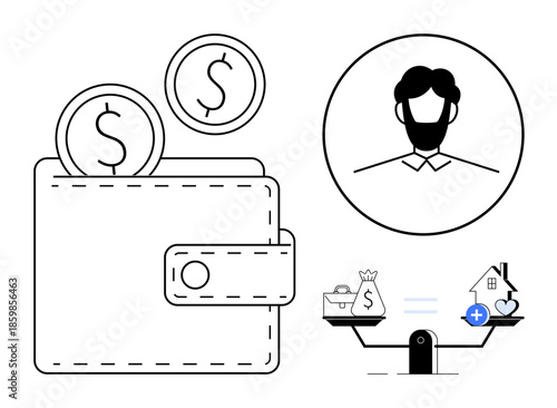 Financial planning concept. Financial tools thumbs up a wallet, balance scale, and profile icon savings, investment, and decision-making. Financial literacy, banking, and economic education