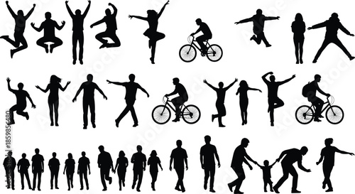 Active people silhouettes, jumping group, bicyclist riding, families walking, happy friends celebrating, sports and outdoor recreation, black vector on white