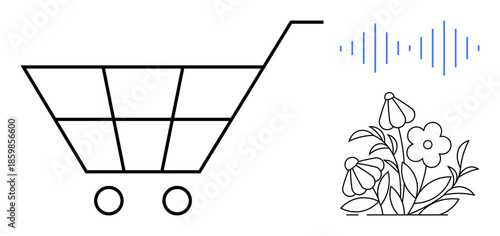 Online shopping, digital media, e-commerce, nature , product branding, environmental impact. Minimal shopping cart, flowers audio wave icon. E-commerce and digital media integration concept