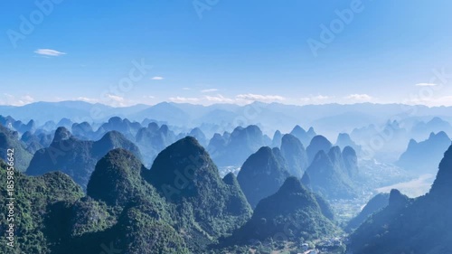 Wallpaper Mural aerial time-lapse of the majestic karst landscape in Yangshuo, Guilin. Endless green peaks stretch into the distance under a clear blue sky, showcasing China’s iconic natural beauty. Torontodigital.ca