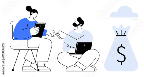 Two individuals using tablet and laptop engage in teamwork and idea exchange near a money bag icon. Ideal for business collaboration, financial planning, fintech, remote work, investment, savings