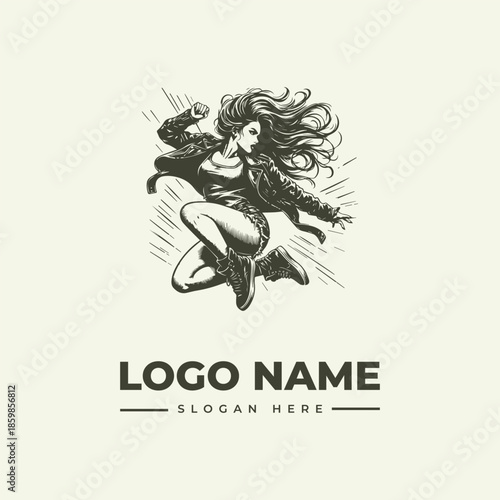 A dynamic illustration of a woman with flowing hair and a cape, jumping in a powerful pose, with a bold logo name and slogan on a clean background, in a vector graphic style.