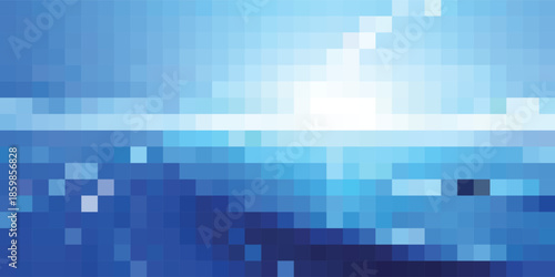 Abstract Blue Pixelated Background with Bright Light Horizon.