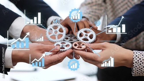 Business team connecting gears with growth and analytics icons