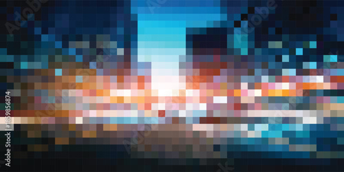 Abstract pixelated cityscape with vibrant light trails and digital glow.
