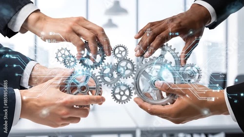 Diverse business team connecting gears for teamwork