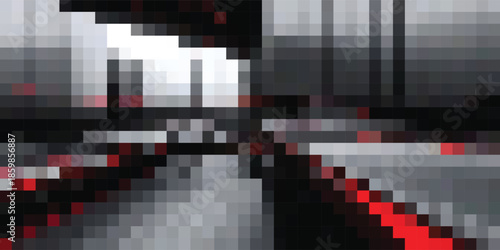 Abstract pixelated glitch art with red and black geometric shapes.