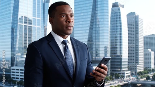 Businessman using smartphone in modern financial district