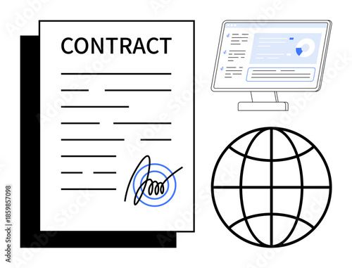 Legal agreements, digital transformation, e-commerce, global connectivity, business processes, online security. A signed contract, computer screen and a globe icon. Legal agreements and digital
