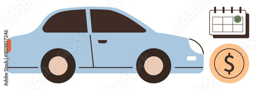 Blue car with coin symbolizing financial considerations and a calendar marked for scheduling. Ideal for finance, car loans, savings, transportation, budgeting, payment planning, simple flat metaphor