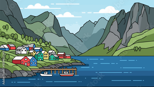 Illustrative fjord landscape featuring a charming coastal village nestled amongst majestic mountains and serene waters