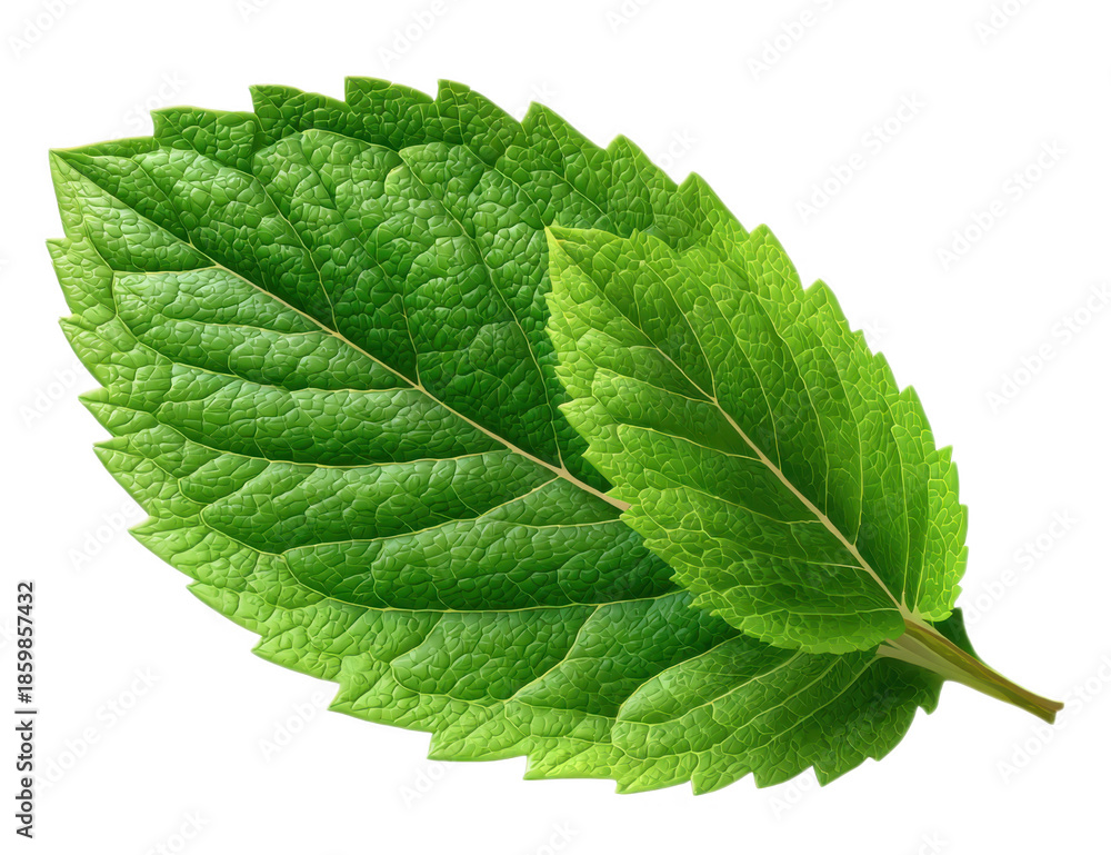 Obraz premium Two vibrant green mint leaves overlapping, showcasing intricate leaf textures.