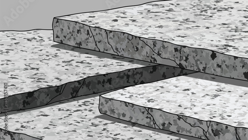 Textured gray fractured stone slabs depicting abstract surface damage or construction material imperfections