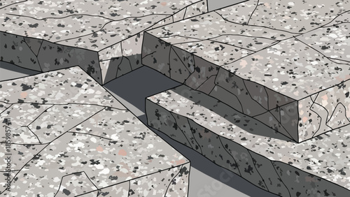 Abstract geometric pattern of fractured textured blocks casting dynamic shadows and creating a modern architectural backdrop