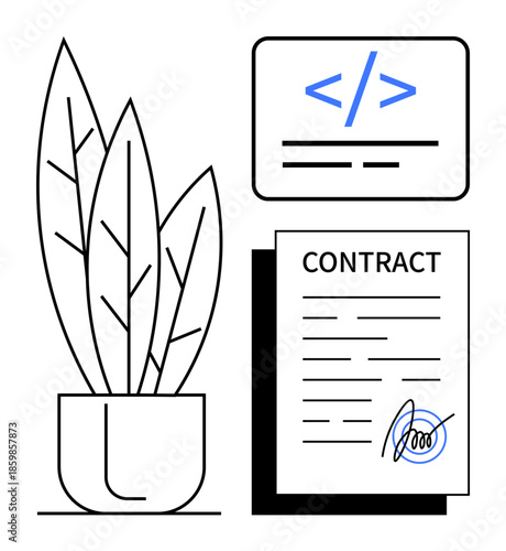 Business agreements, freelance work, web development, programming contracts, legal documents, digital work. Contract with signature, code icon potted plant. Freelance work and programming concept