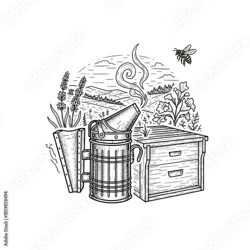 Beekeeping equipment smoker and hive with bee flying.