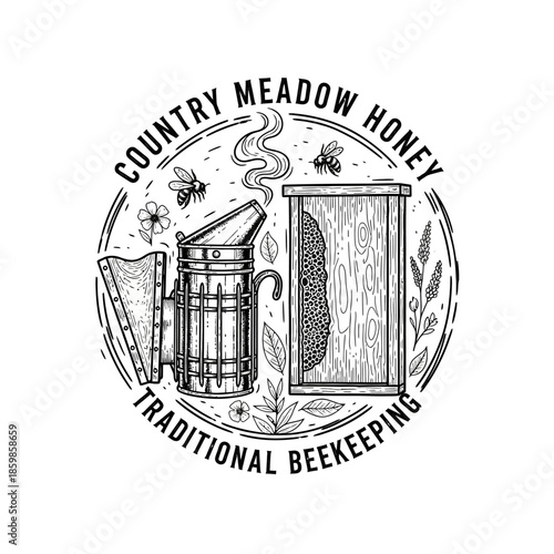 Country Meadow Honey Traditional Beekeeping Illustration.