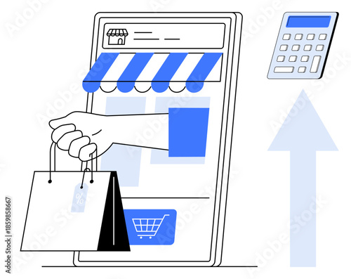 E-commerce, online shopping, business growth, digital sales, retail, financial data. A hand holding shopping bags emerging from a smartphone. E-commerce and online shopping concept
