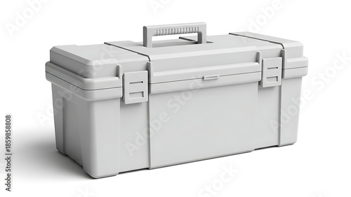 White Plastic Toolbox with Handle and Latches on White Background.