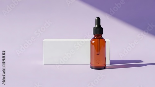 Amber dropper bottle with white rectangular block on a light purple background with harsh shadows.