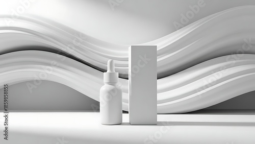 White Cosmetic Bottle and Box on Wavy Background.