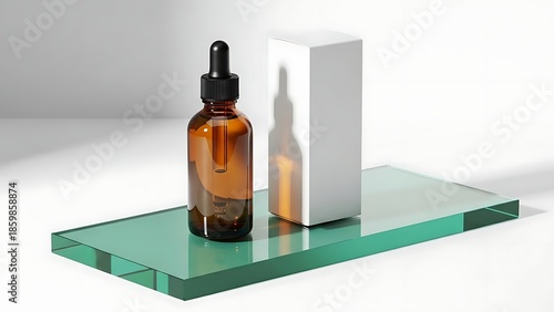 Amber Glass Dropper Bottle with White Box on Green Glass Shelf.