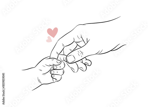 Hand drawn line art illustration of adult holding baby finger with hearts