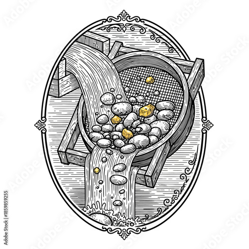 Gold panning process with water flowing over rocks and gold nuggets.