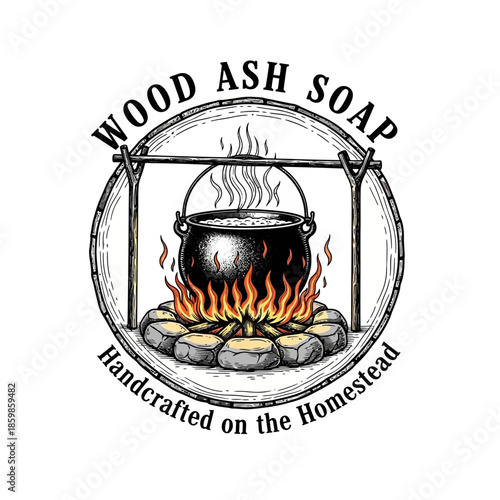 Handcrafted Wood Ash Soap Boiling in a Cauldron Over a Campfire.