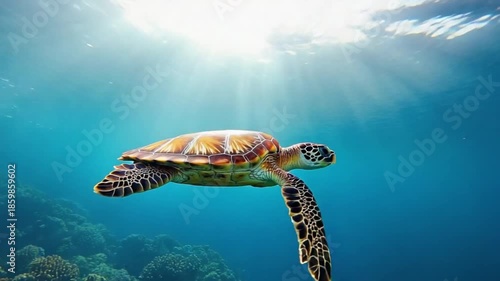 Wallpaper Mural A solitary green sea turtle gracefully swims in the deep blue ocean, with sunlight streaming through the water. Torontodigital.ca