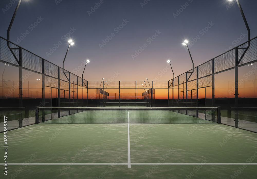 Fototapeta premium Padel Tennis Court at Dusk Illuminated by Bright Stadium Lights