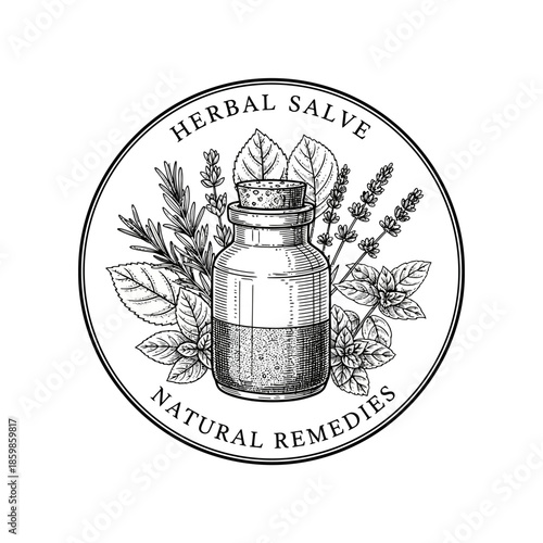 Herbal Salve Natural Remedies Bottle with Botanical Herbs Logo.