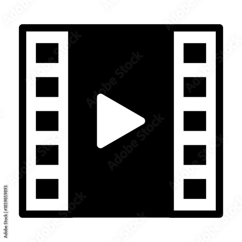 Glyph style icon of a video file with play button symbolizing multimedia playback and digital content.