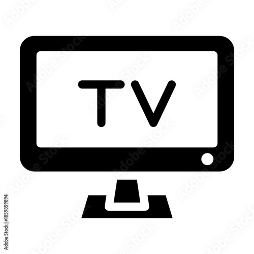 Glyph style icon of a television representing broadcast media and home entertainment.