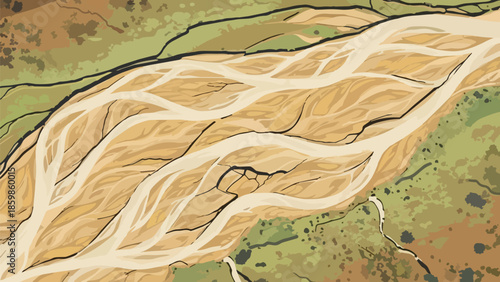 Abstract aerial illustration braided river system meandering through arid landscape highlighting natural patterns dry riverbeds and earthy
