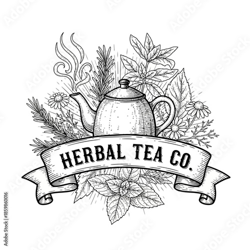 Herbal Tea Co. logo with teapot and herbs illustration.