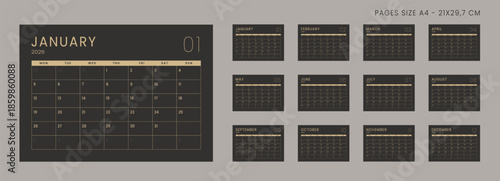 Set of 12 Pages Monthly Calendar Planner Templates on 2026 year. Vector mockup of a wall or desktop calendar organizer grid with the week starting on Monday ready print. Page for size A4 -21x29.7 cm