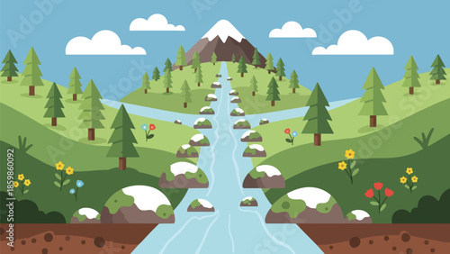 A picturesque flat design vector illustration of a serene mountain landscape with a flowing river evergreen trees colorful wildflowers and fluffy