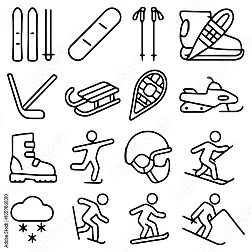 Winter Sports Icons Collection: A comprehensive set of line art icons representing a variety of winter sports activities, perfect for design assets.