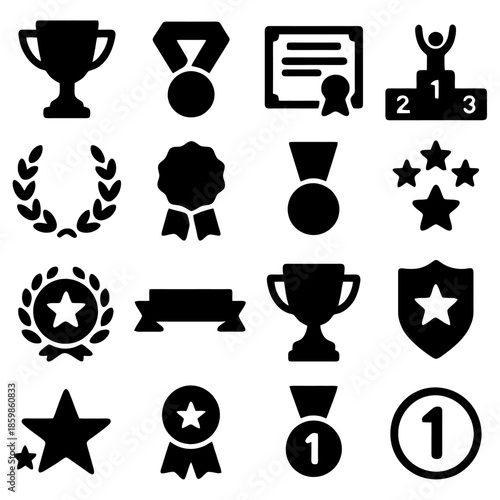Success Symbols: A collection of meticulously crafted silhouettes showcasing iconic symbols of achievement, including trophies, medals, certificates, and laurel wreaths.