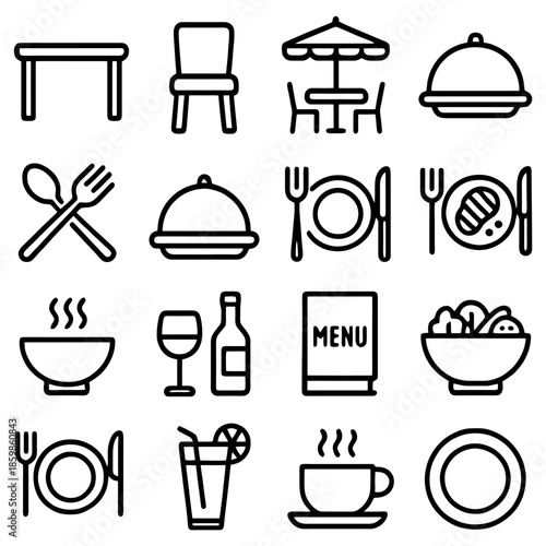 Restaurant Icon Collection: A set of simple yet captivating icons representing dining essentials, offering a clear and concise visual vocabulary for restaurant and food-related themes.