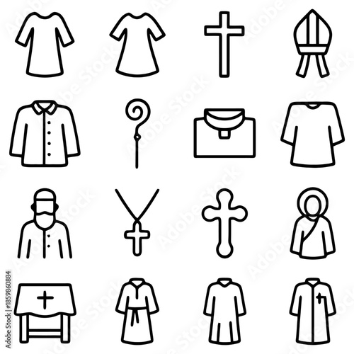 Sacred Symbols: A curated collection of symbols and garments, representing faith and spirituality, rendered in a simple, elegant style, perfect for illustrating religious themes.