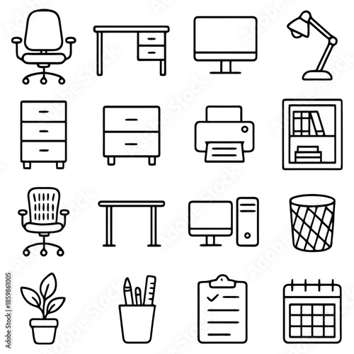 Office Essentials Illustration: A minimalist collection of office supplies and furniture, presented in clean lines, perfect for design and workplace resources. 