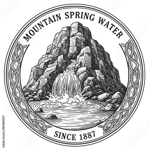 Mountain Spring Water Label Design with Rocky Waterfall.
