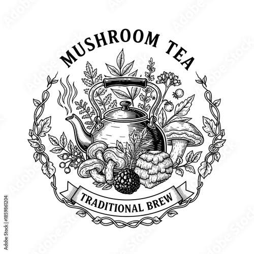 Mushroom Tea Traditional Brew Kettle with Herbs and Fungi Engraving.