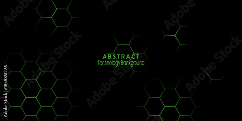 Futuristic green hexagon pattern glowing on a dark black background, representing technology, digital networks, and modern science concepts.