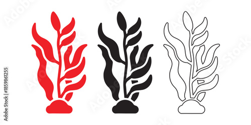 Stylized Seaweed Trio: A collection of vibrant, stylized seaweed illustrations in various forms – red, black, and outlined. Evokes a sense of aquatic beauty and artistic elegance.