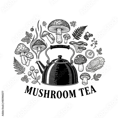 Mushroom Tea Kettle with Various Fungi and Botanical Elements.